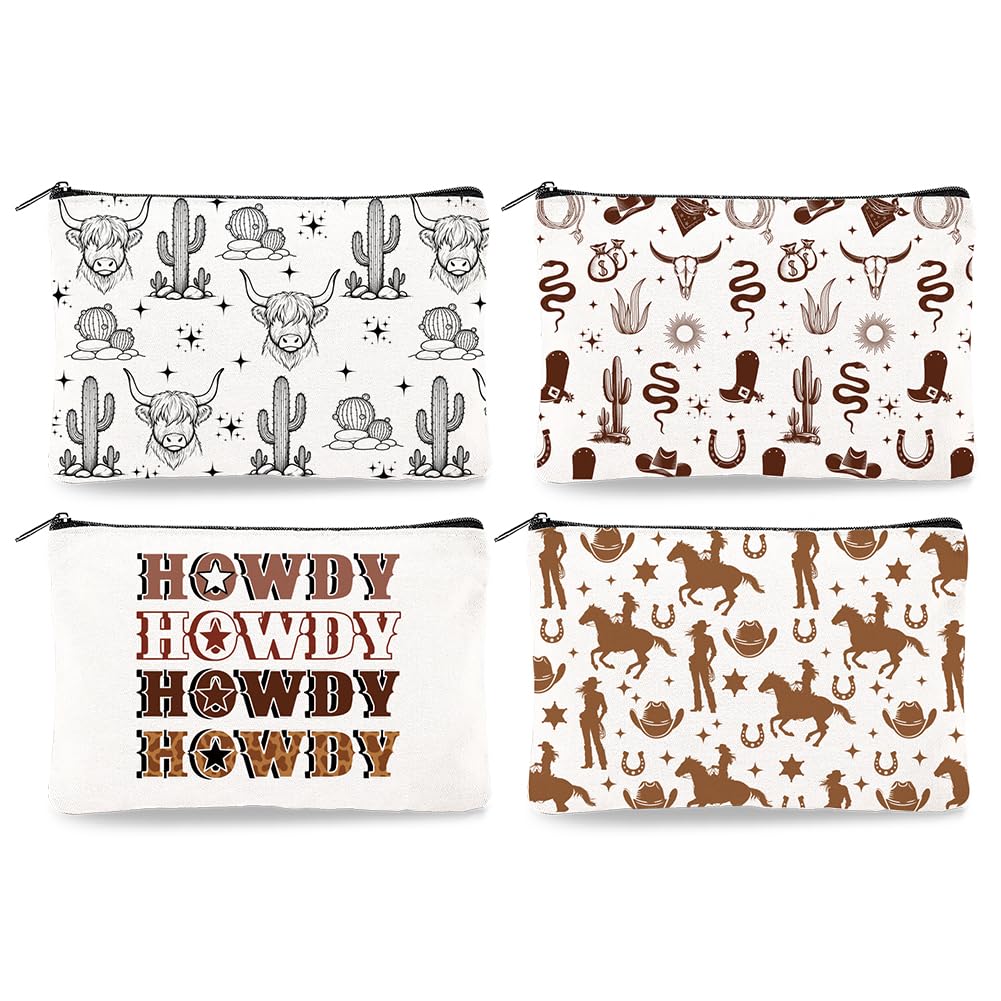 DOODLREAM 4Pcs Canvas Western Cowboy Makeup Bag - 9.06" x 5.9" Western Cactus Cow Cosmetic Bags Travel Organizer Portable Accessories with Zipper, Toiletry Large Capacity, Purse Organizer Pouches