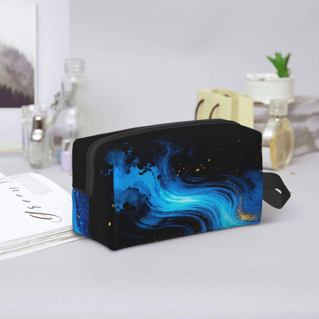 Drdhnet Blue Swirls With Golden Specks Makeup Bag Organizer Toiletry Bag Portable Storage Travel Cosmetic Bag With Zipper For Women