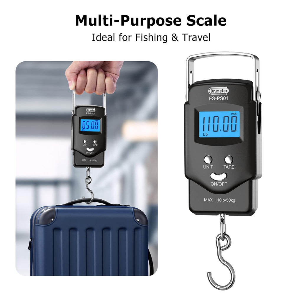 Dr.meter Fish Scale Luggage Scale Fishing Gear - 110lb/50kg Backlit LCD Display Digital Scale with Built - in Measuring Tape - Fishing Scale with 2 AAA Batteries, Pocket Size - Fishing Gifts for Men