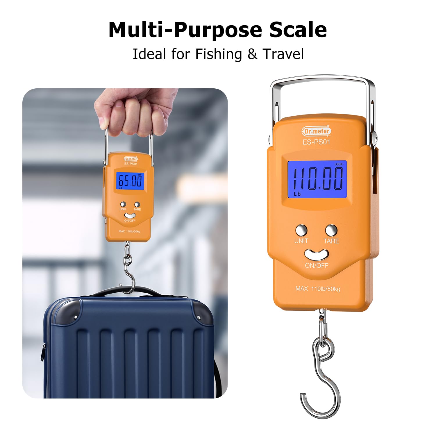 Dr.meter Fish Scale Luggage Scale Fishing Gear - 110lb/50kg Backlit LCD Display Digital Scale with Built - in Measuring Tape - Fishing Scale with 2 AAA Batteries, Pocket Size - Fishing Gifts for Men