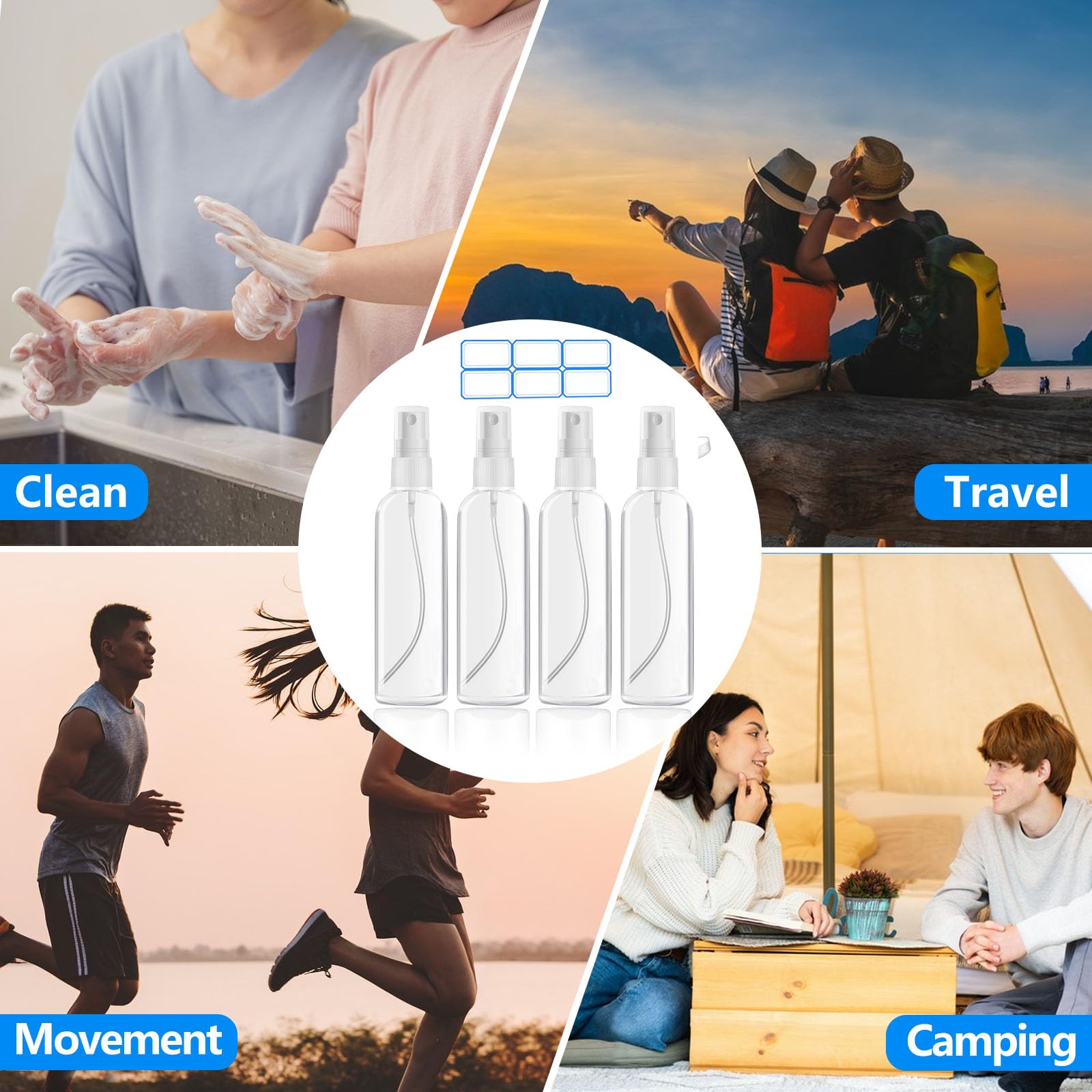DTDNZKN 4 Pack 3.4 Oz (100ml) TSA Approved Travel Bottles, Travel Size Containers Spray Bottles with Labels - Fine Mist, Refillable, Reusable, Leak Proof