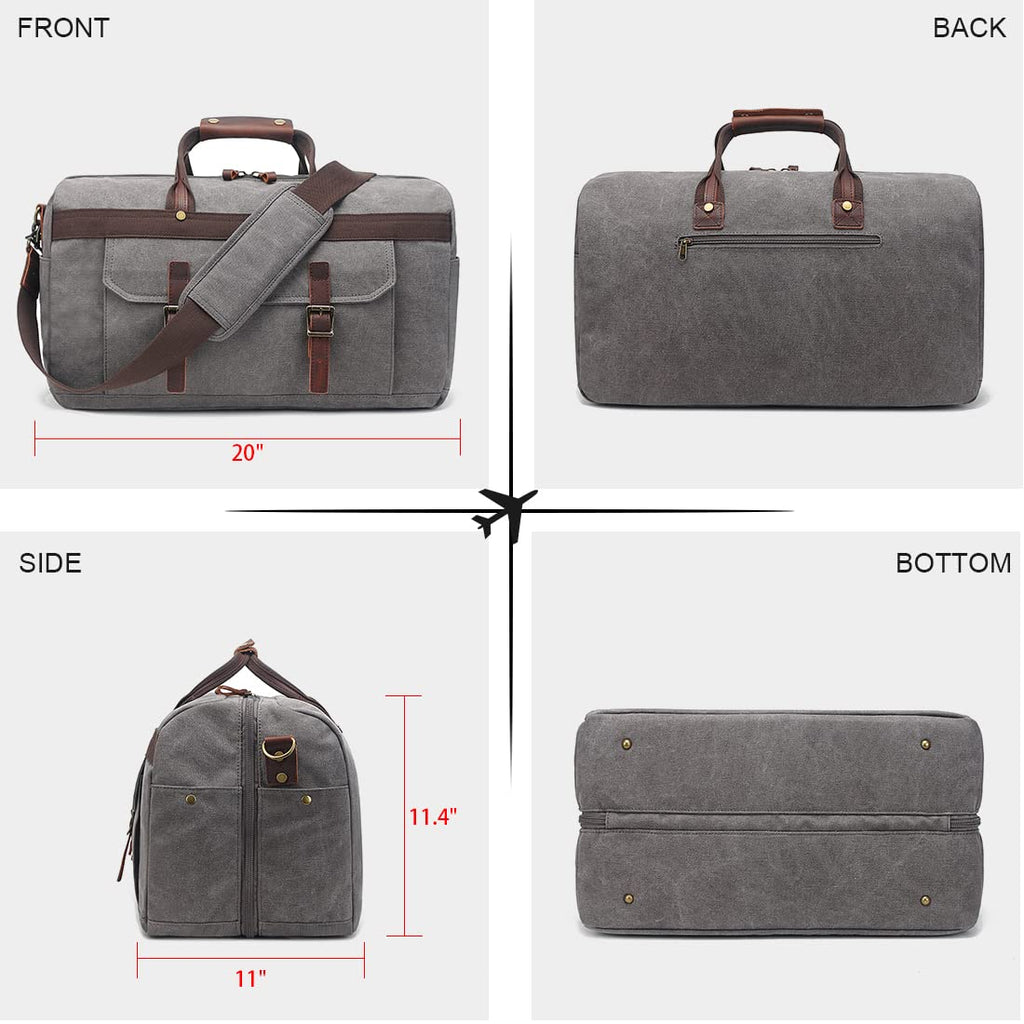 Duffle Bag for Men Waterproof Genuine Leather Canvas Travel Duffel Bags for Women Overnight Weekender Bag for Traveling, Grey