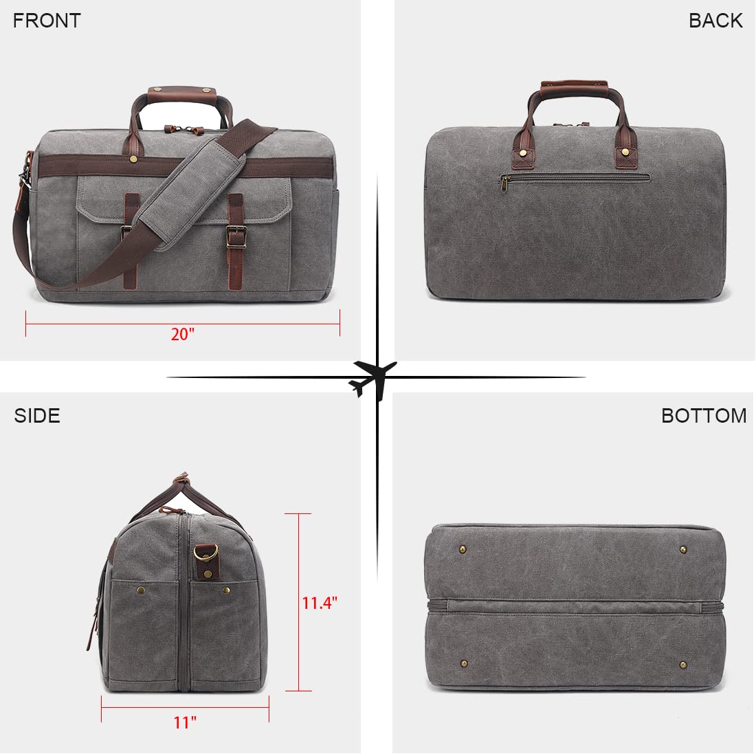 Duffle Bag for Men Waterproof Genuine Leather Canvas Travel Duffel Bags for Women Overnight Weekender Bag for Traveling, Grey