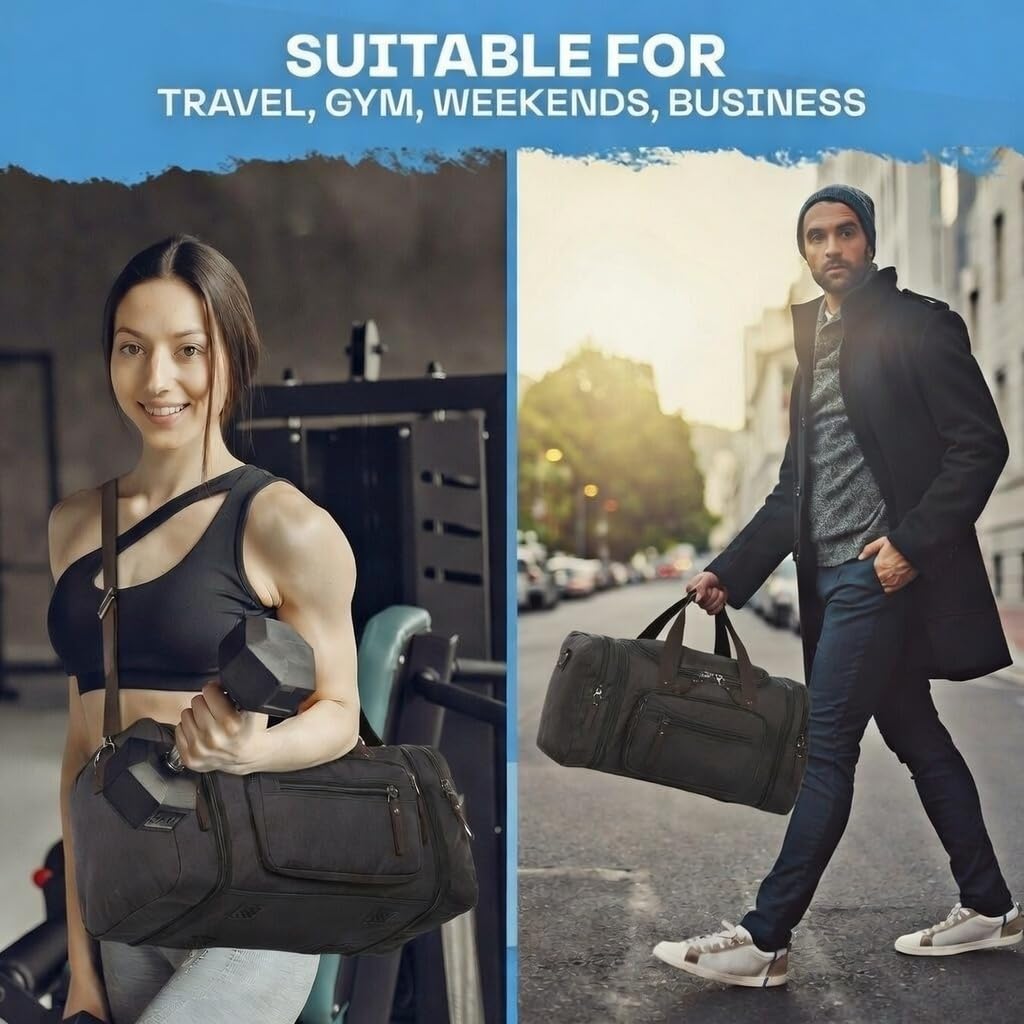 Duffle Bag for Travel 20–23” Expandable (40L) – Lightweight Water - Resistant Carry On Weekender with Multiple Pockets & Shoulder Strap – Airline Approved Travel Duffel Bags for Men & Women - BLACK