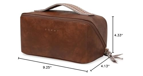 EACHY Travel Makeup Bag, Large Capacity Cosmetic Bags for Women, Waterproof Portable Open Flat Toiletry Bag Make up Bag with Divider and Handle, Gifts for Women (I - Brown, Medium)