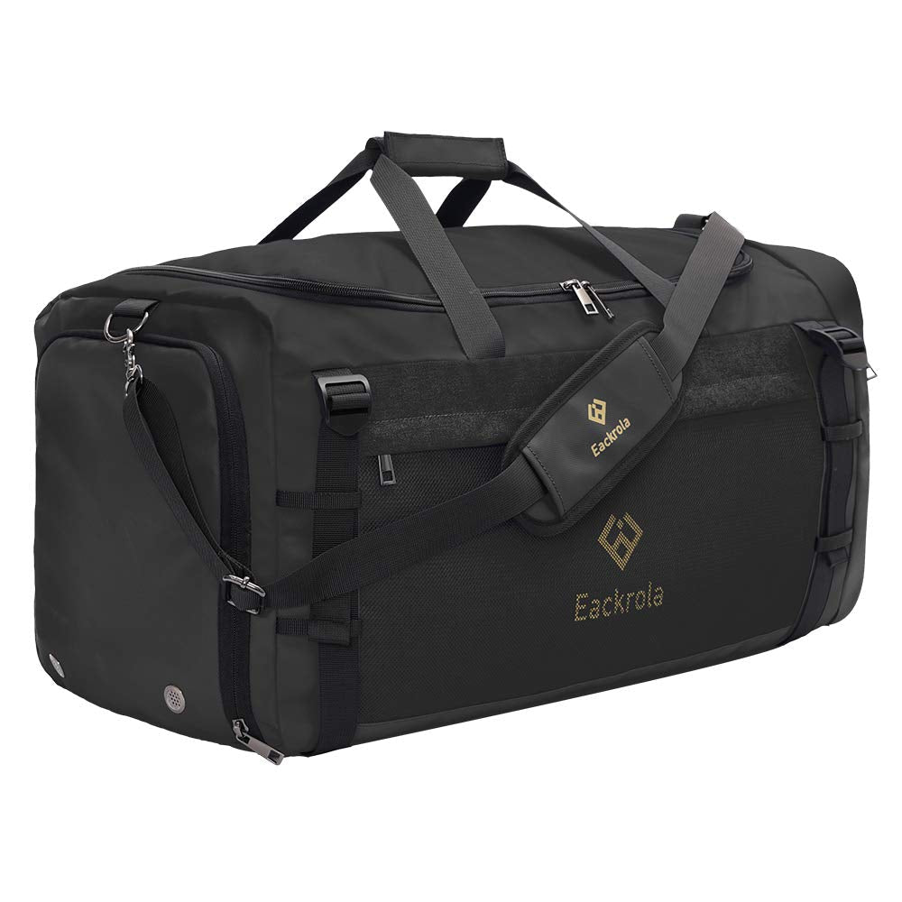 Eackrola Large Sports Gym Bag, Travel Duffel bag with Wet Pocket & Shoes Compartment for men women, 65L, Lightweight（Black）