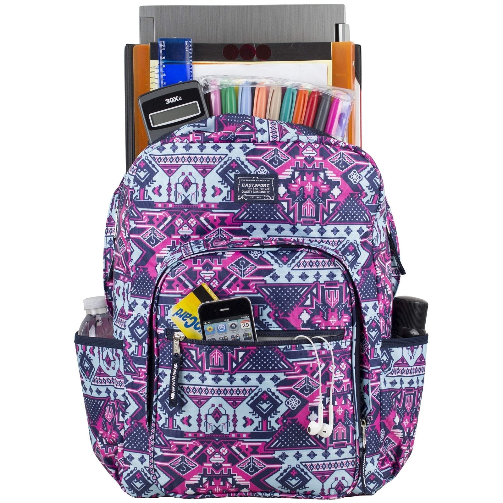 Eastsport Carry On Travel Weekender Backpack with Extra Large Main Compartment, Navy/Tribal Print