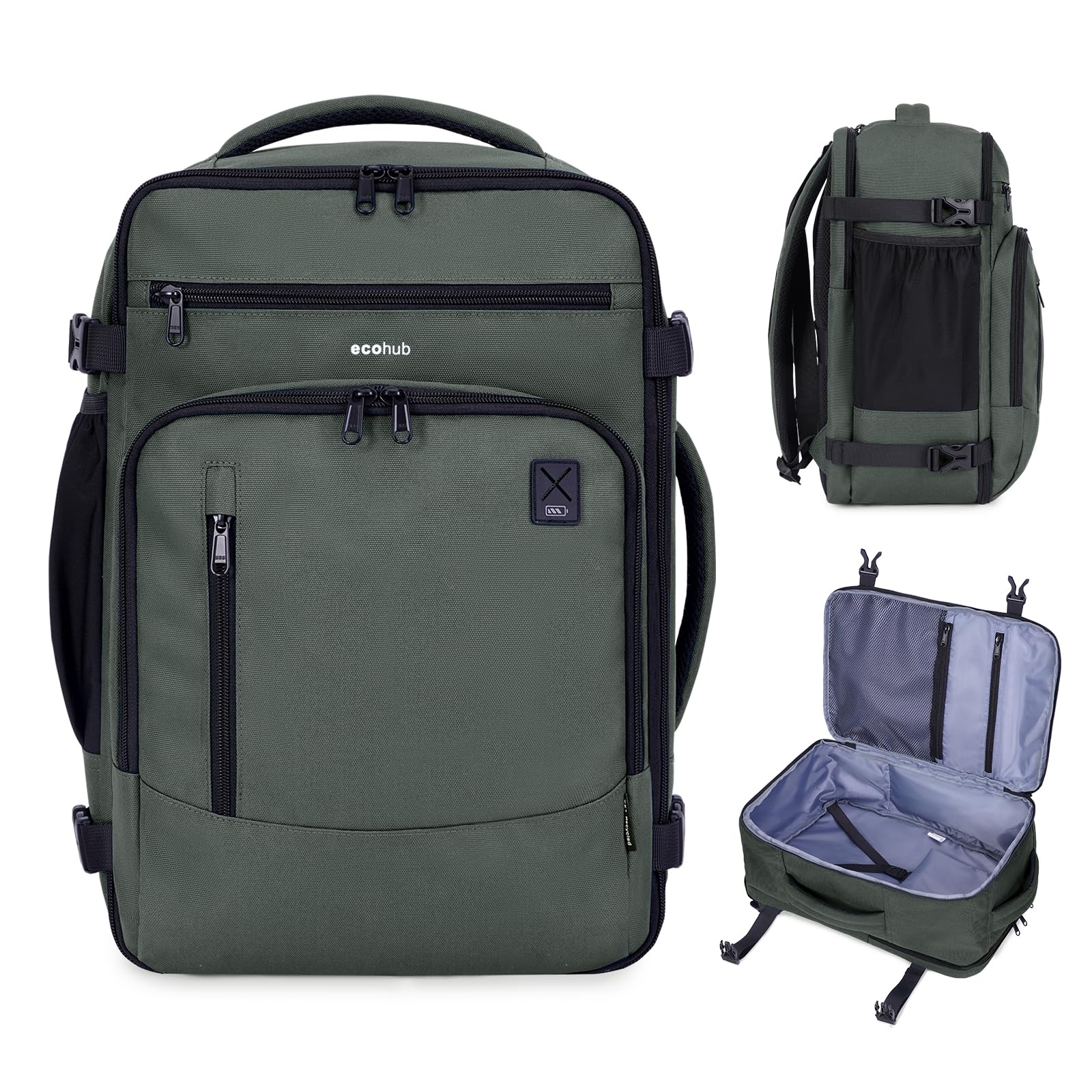 ECOHUB 17" Small Travel Backpack, United Airlines Personal Item Bag 17x10x9 with 16 Pockets, Water Resistant Rucksacks Fit 15.6" Laptop, AirTag Pocket, Lightweight Casual Daypack, 25L, Green