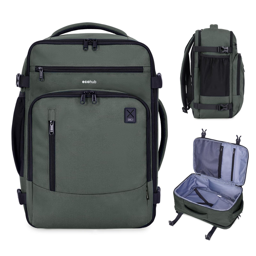 ECOHUB 17" Small Travel Backpack, United Airlines Personal Item Bag 17x10x9 with 16 Pockets, Water Resistant Rucksacks Fit 15.6" Laptop, AirTag Pocket, Lightweight Casual Daypack, 25L, Green