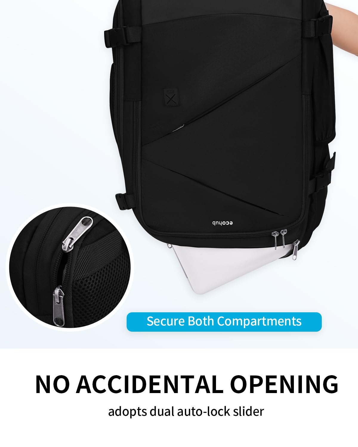 ECOHUB 30L Carry on Travel Backpack for Men Women 18x14x8, 17 inch Expandable Airlines Personal Item Bag Water Resistant Laptop Backpack Flight Approved with USB Slot & Wet Pocket, Black