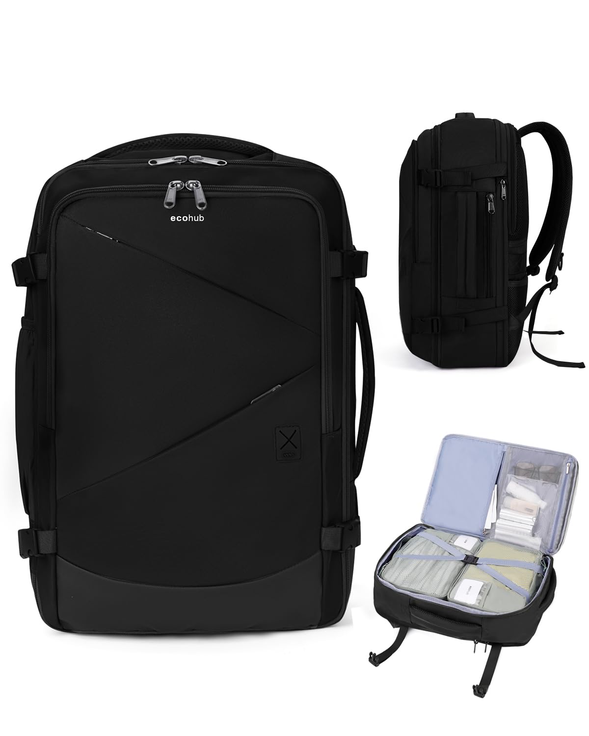 ECOHUB 30L Carry on Travel Backpack for Men Women 18x14x8, 17 inch Expandable Airlines Personal Item Bag Water Resistant Laptop Backpack Flight Approved with USB Slot & Wet Pocket, Black