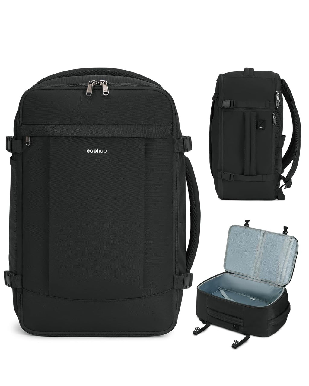 ECOHUB Travel Backpack for Men Women, Carry on Backpack with USB Charging Hole, Spirit Airlines Personal Item Bag Flight Approved, 15.6 Inch Laptop Backpack with Anti Theft Pockets, 30L, Black