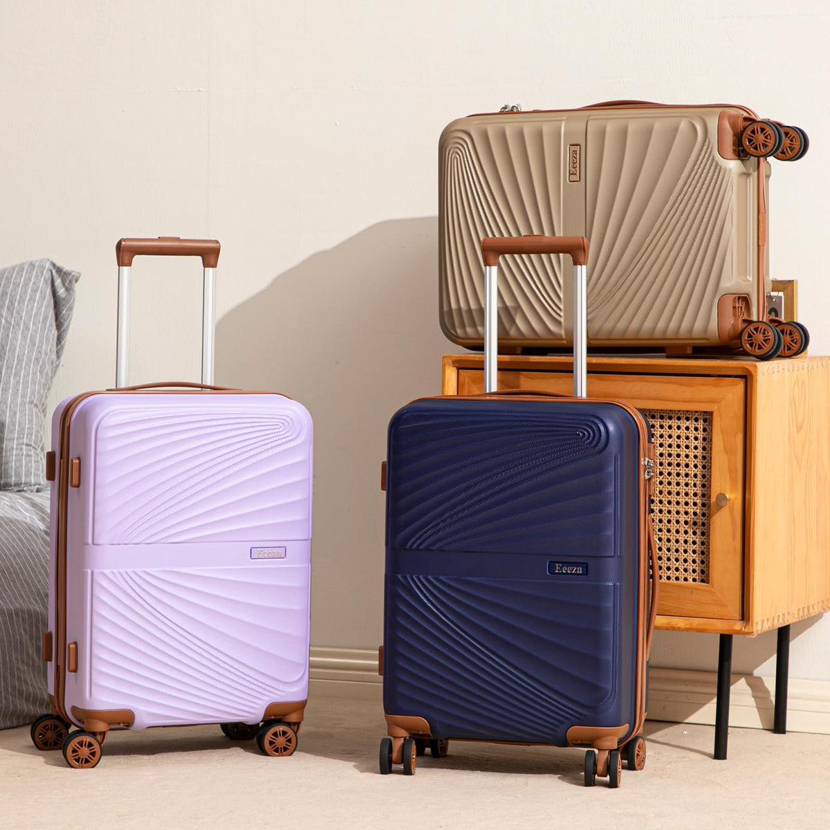 Eeeza Carry On Luggage Set 22x14x9 Airline Approved Luggage Sets 3 Piece,Suitcases with Wheels,ABS Hard Case Luggage with TSA Lock Spinner Wheels(20 Inch,BP/TB)