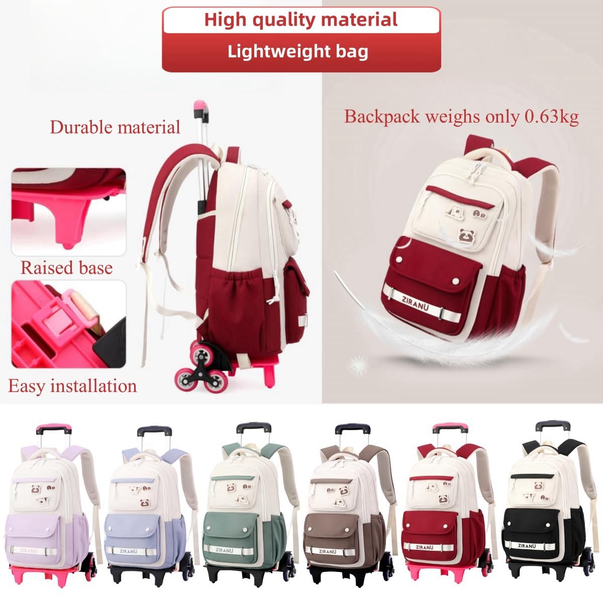 EKUIZAI Trolley Rolling Backpack for Girls Kids Middle School Bags with Wheels Rolling School Bags for Teen Girls Boys, Brown