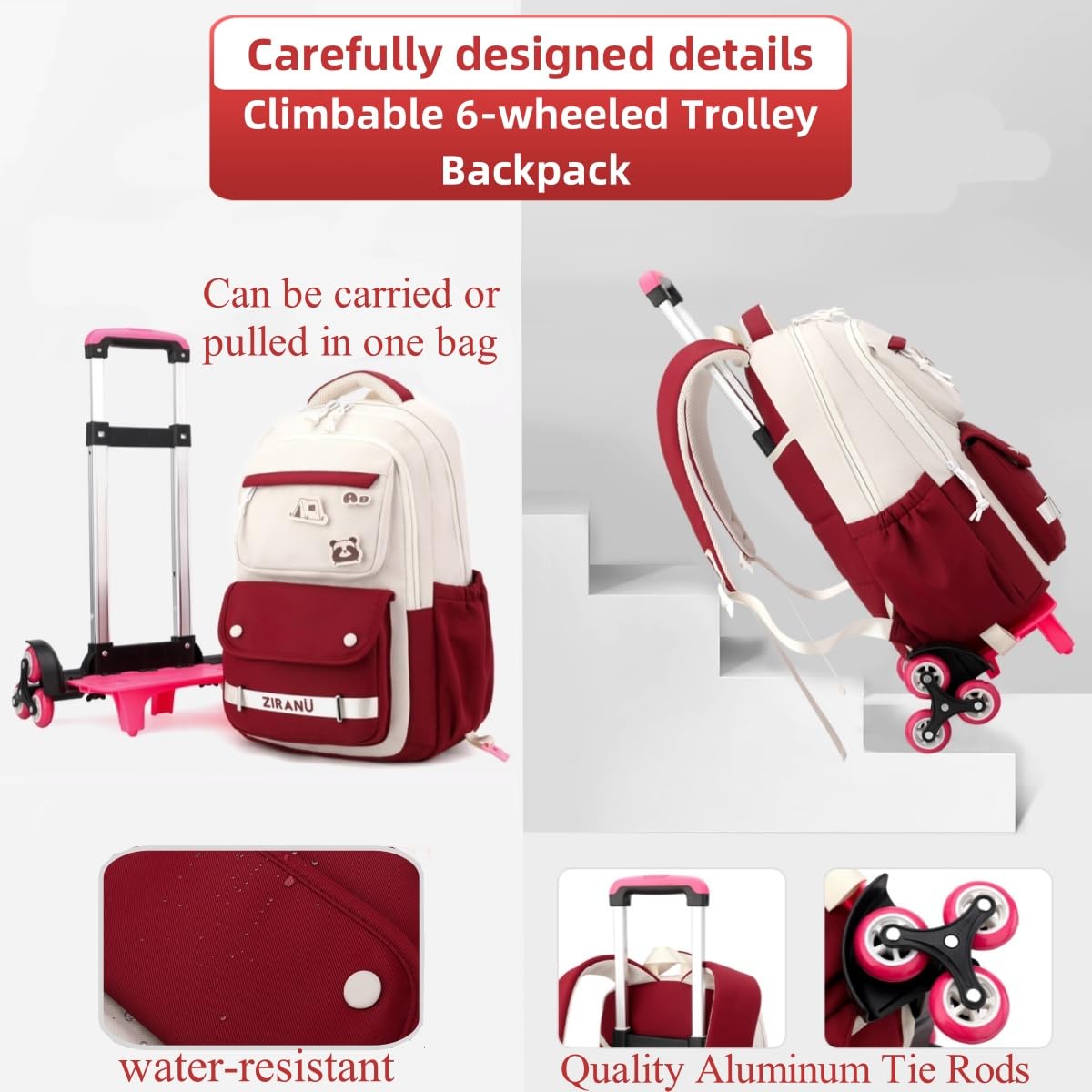 EKUIZAI Trolley Rolling Backpack for Girls Kids Middle School Bags with Wheels Rolling School Bags for Teen Girls Boys, Brown