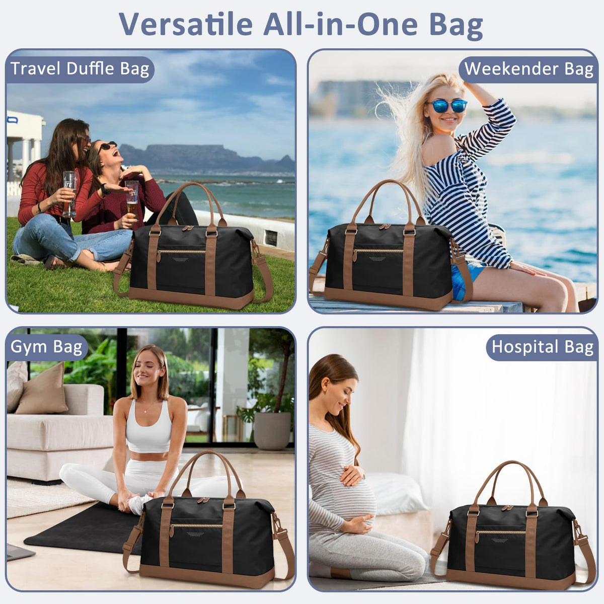 ELONGRIVER Travel Duffle Bag for Women, Weekender Bags, Hospital Bag for Labor Delivery, Lightweight Tote Duffel Overnight Bag with Luggage Sleeve, Airplane Travel Bags with Toiletry Bag, Large, Black