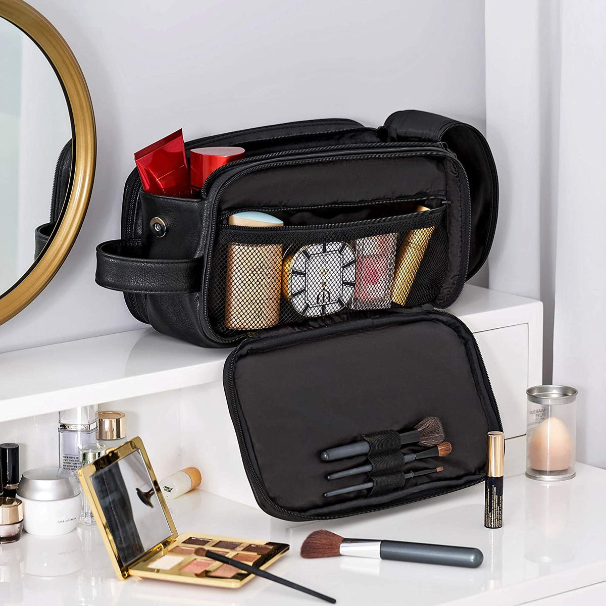 Elviros Toiletry Bag for Men, Large Travel Shaving Dopp Kit Water - resistant Bathroom Toiletries Organizer PU Leather Cosmetic Bags Fathers Day Gift(Medium, Black)