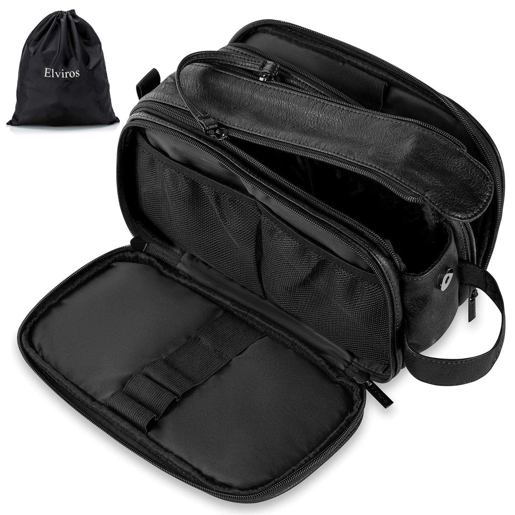 Elviros Toiletry Bag for Men, Large Travel Shaving Dopp Kit Water-resistant Bathroom Toiletries Organizer PU Leather Cosmetic Bags Fathers Day Gift(Medium, Black)