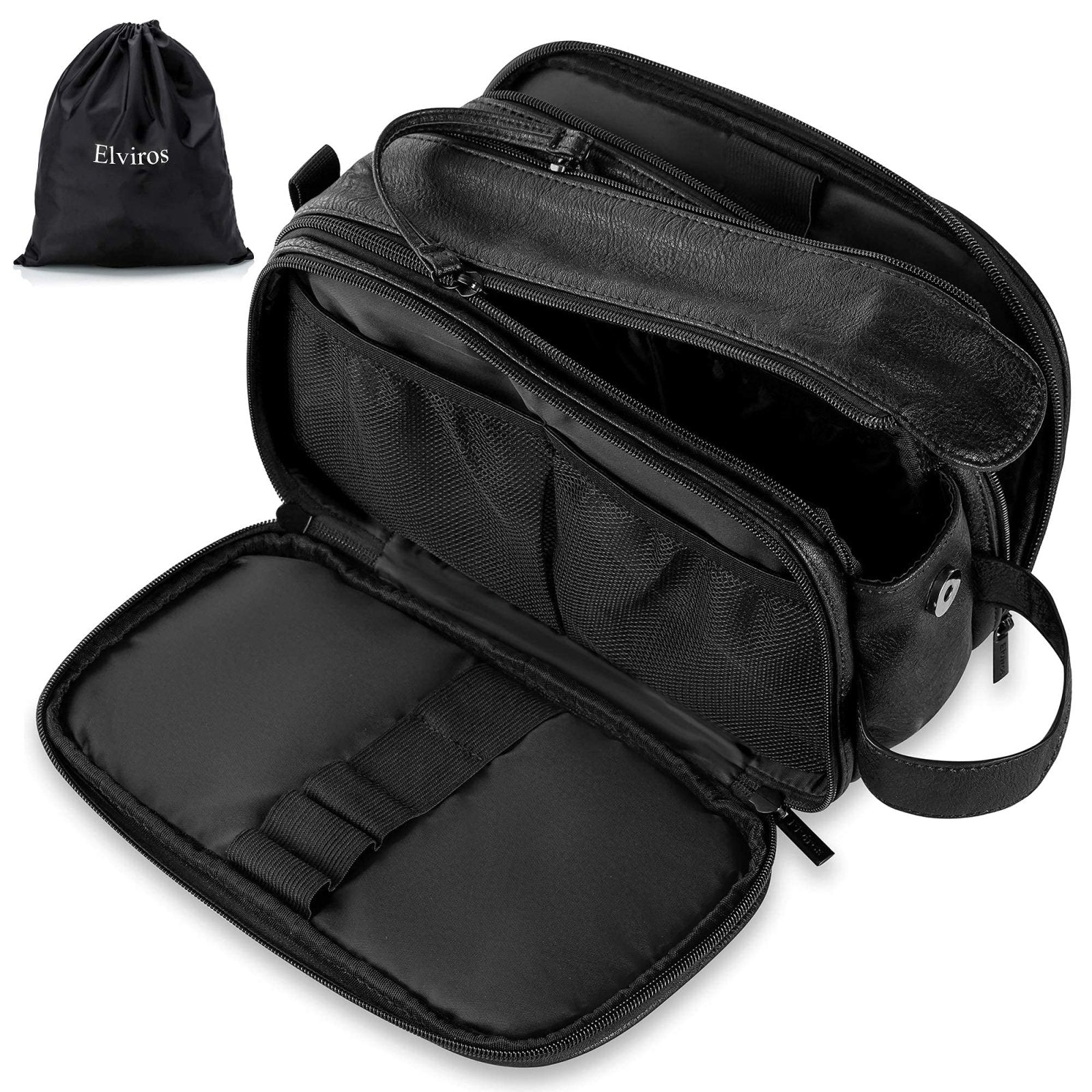 Elviros Toiletry Bag for Men, Large Travel Shaving Dopp Kit Water-resistant Bathroom Toiletries Organizer PU Leather Cosmetic Bags Fathers Day Gift(Medium, Black)