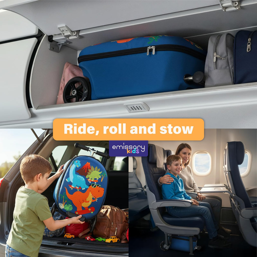 emissary Kids Luggage with Wheels, Hardside Toddler Carry On Suitcase Set, Lightweight Rolling Travel Bag for Boys and Girls, Airline Approved Travel Gifts - Scooter Ride - On/Blue