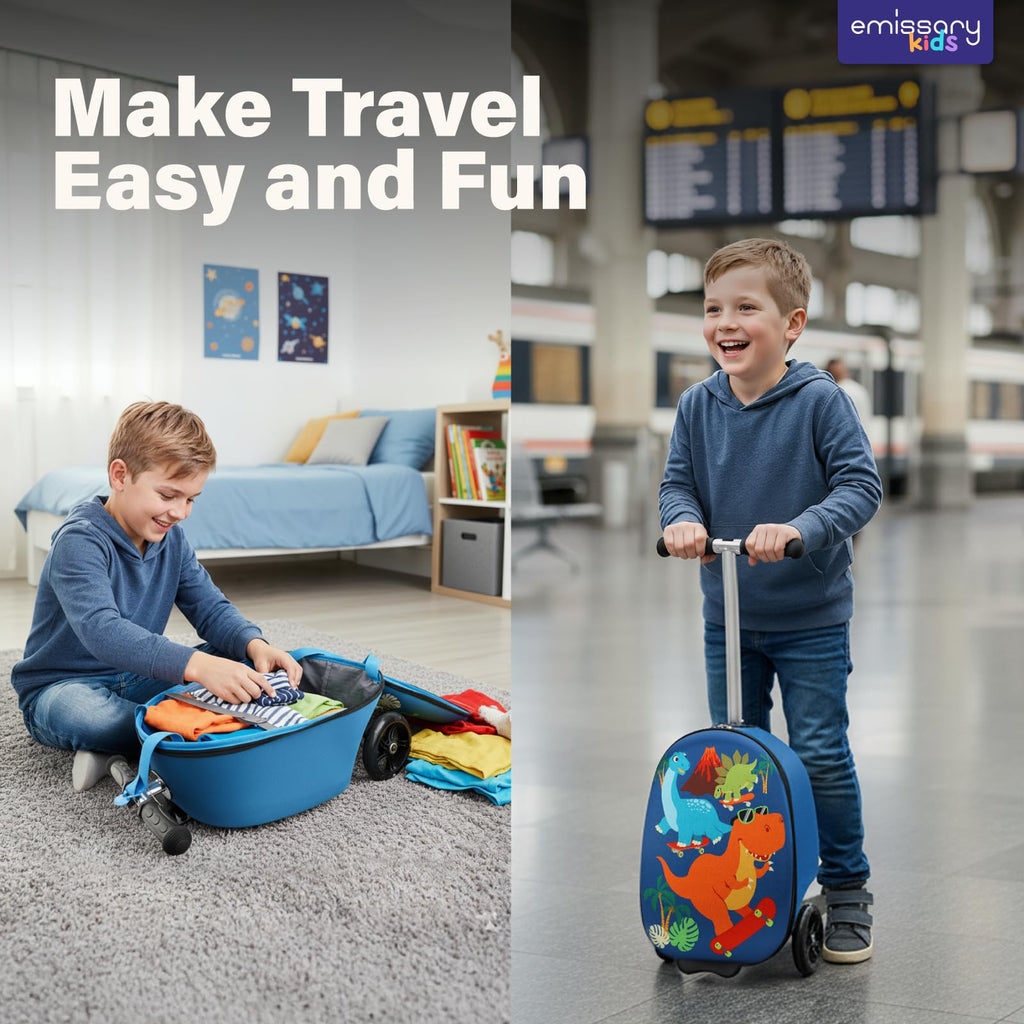 emissary Kids Luggage with Wheels, Hardside Toddler Carry On Suitcase Set, Lightweight Rolling Travel Bag for Boys and Girls, Airline Approved Travel Gifts - Scooter Ride - On/Blue