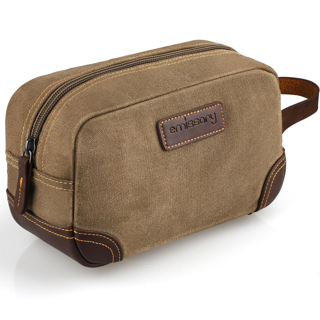 Emissary Men's Leather and Canvas Travel Toiletry Bag, Dopp Kit, Travel Bathroom Bag, Shaving Kit, Small Bags for Travel Accessories (Brown)