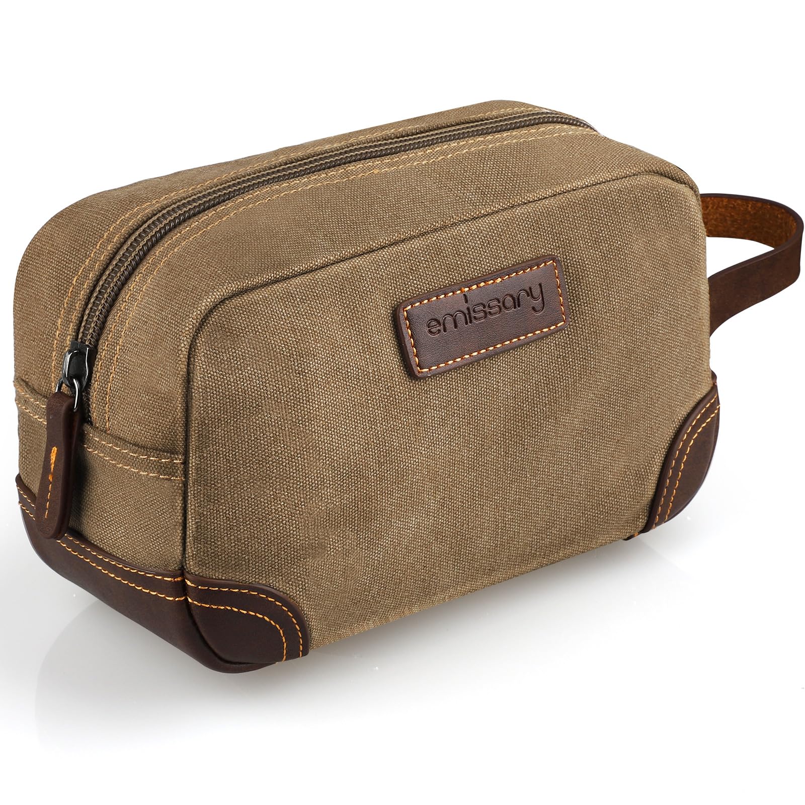 Emissary Men's Leather and Canvas Travel Toiletry Bag, Dopp Kit, Travel Bathroom Bag, Shaving Kit, Small Bags for Travel Accessories (Brown)