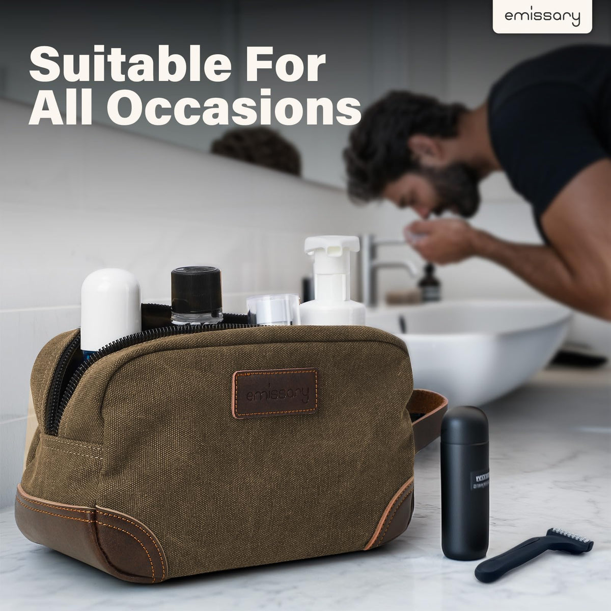 Emissary Men's Leather and Canvas Travel Toiletry Bag, Dopp Kit, Travel Bathroom Bag, Shaving Kit, Small Bags for Travel Accessories (Brown)