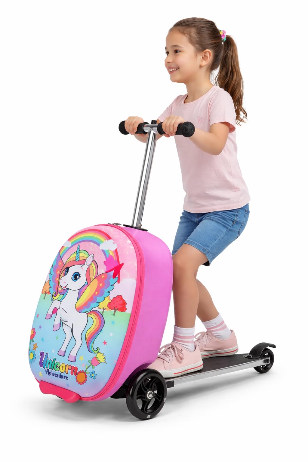 emissary Scooter Luggage for Kids – Ride - On Suitcase, Scooter Ride Luggage, Lightweight Carry - On Suitcase Kid Travel Bag (Pink)