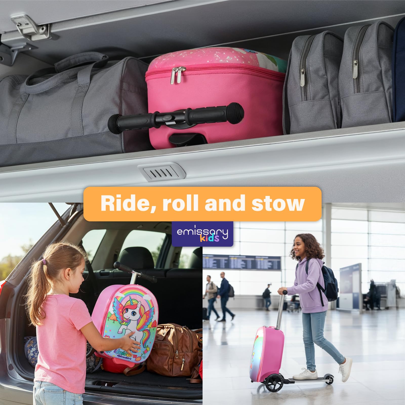 emissary Scooter Luggage for Kids – Ride - On Suitcase, Scooter Ride Luggage, Lightweight Carry - On Suitcase Kid Travel Bag (Pink)