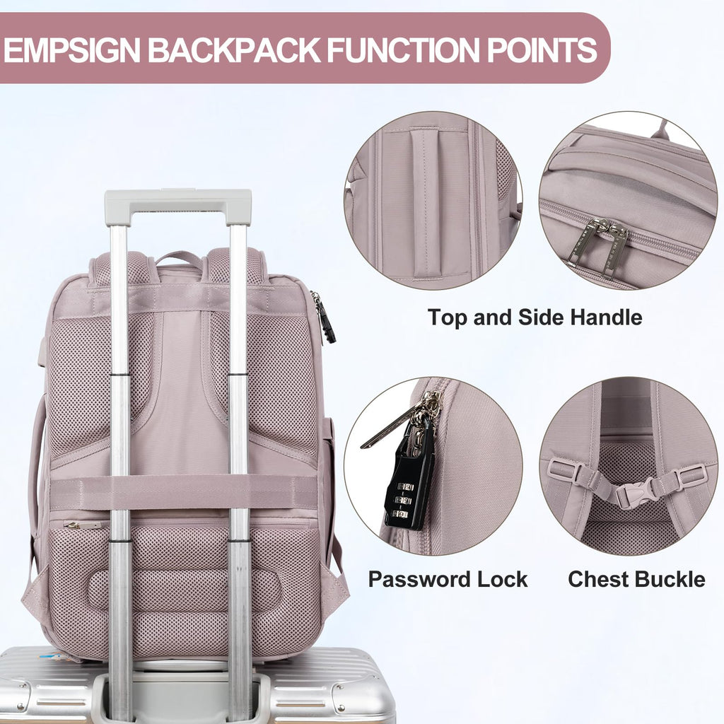 EMPSIGN Carry on Travel Backpack for Women & Men, 17 inch Large TSA Friendly Laptop Backpack with USB Port, Airline Approved Carry On Luggage, Travel Essentials, Weekender Overnight Bags, Grey Pink
