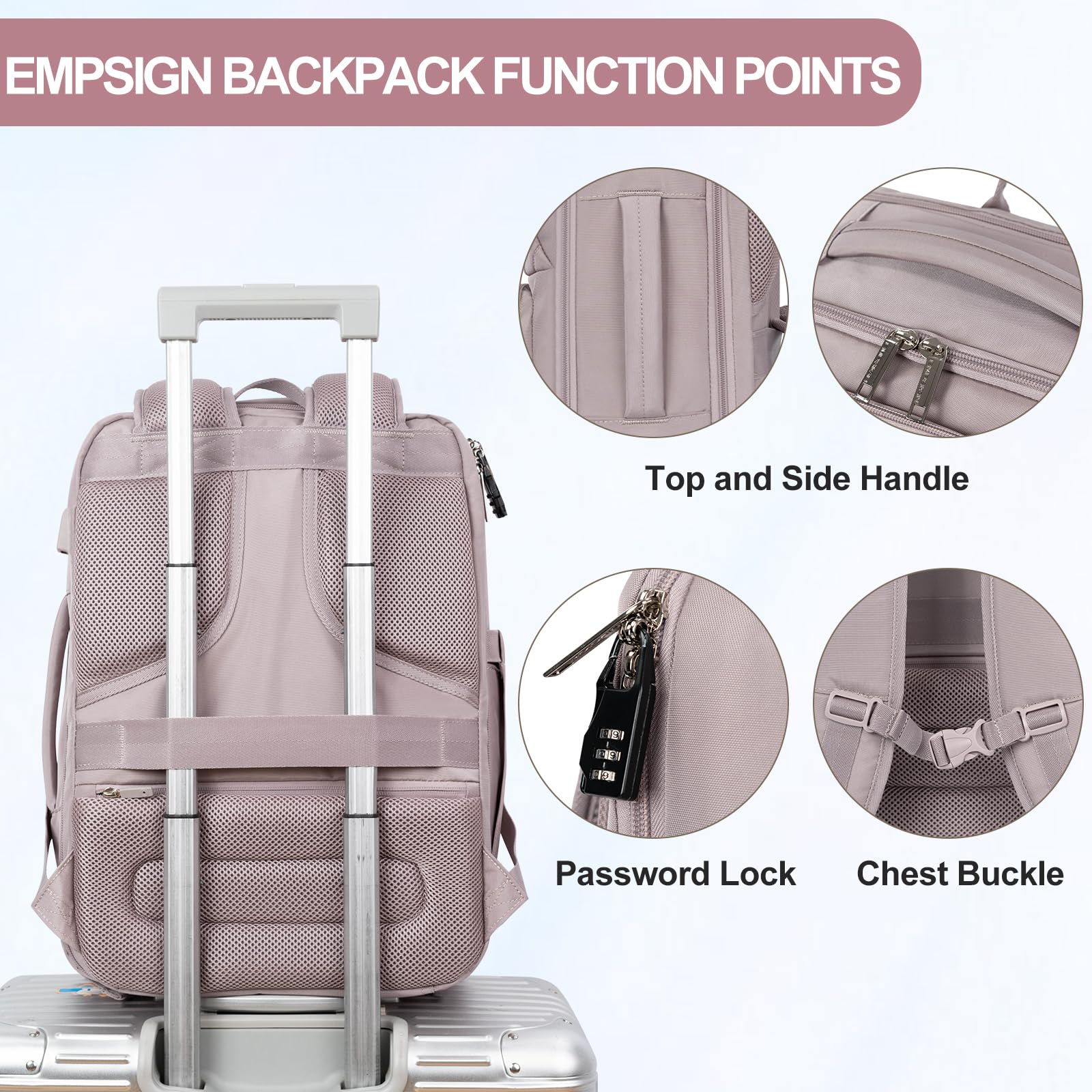 EMPSIGN Carry on Travel Backpack for Women & Men, 17 inch Large TSA Friendly Laptop Backpack with USB Port, Airline Approved Carry On Luggage, Travel Essentials, Weekender Overnight Bags, Grey Pink