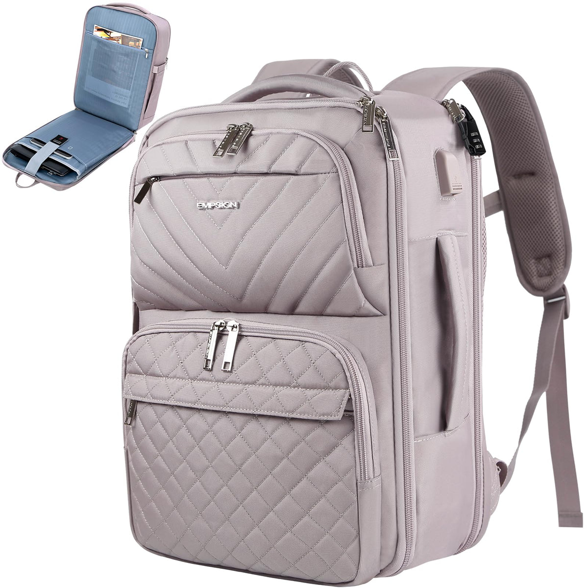 EMPSIGN Carry on Travel Backpack for Women & Men, 17 inch Large TSA Friendly Laptop Backpack with USB Port, Airline Approved Carry On Luggage, Travel Essentials, Weekender Overnight Bags, Grey Pink