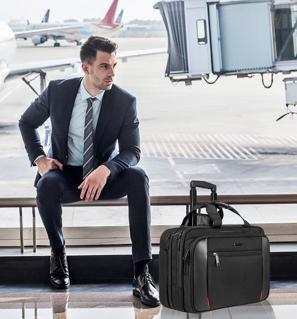EMPSIGN Rolling Briefcase Laptop Bag,17.3" Computer bag with wheels, Water Repellent Travel Roller Underseat Bag with RFID Blocking Pocket,Rolling Work Bags for women/men - Black
