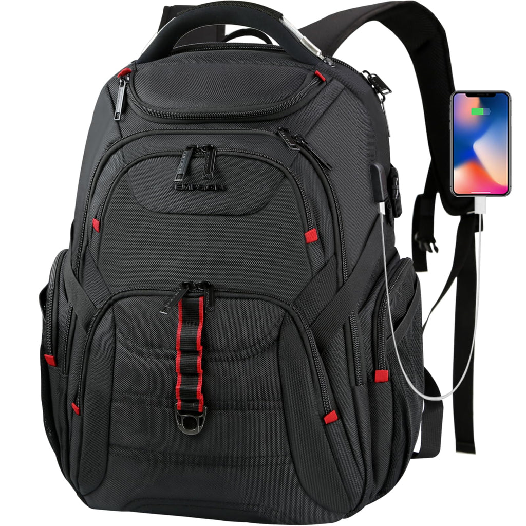 EMPSIGN Travel Laptop Backpack for men, 17.3 Inch Computer Backpack, 45L Anti-Theft Business Laptop Backpack with USB Charging Port, Water-Repellent Work College School Backpack for Men Women, Black