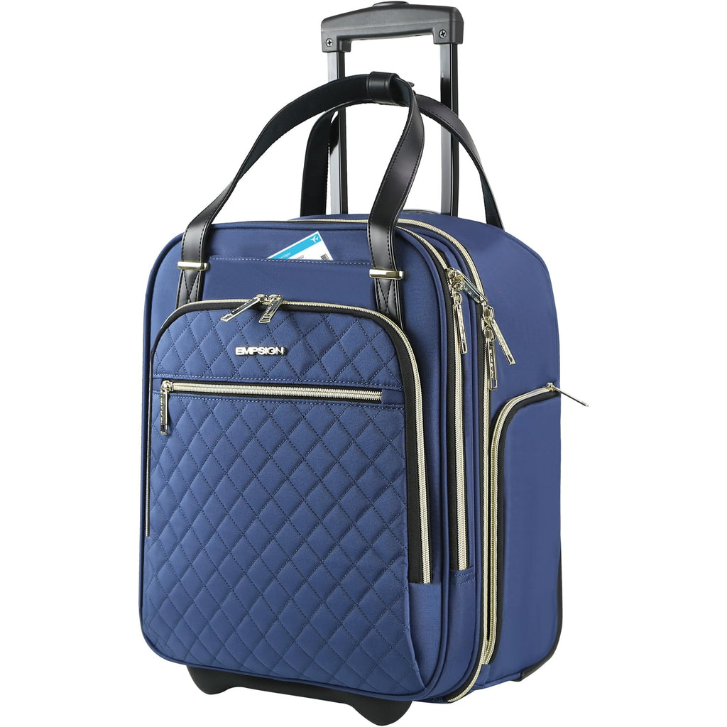 EMPSIGN Underseat Carry On Wheeled - 16" Carry on Bag with Wheels Multi-functional Lightweight Rolling Bag Overnight Weekender Small Suitcase for Women Men Travel Business, Haze Blue-Gold Zipper