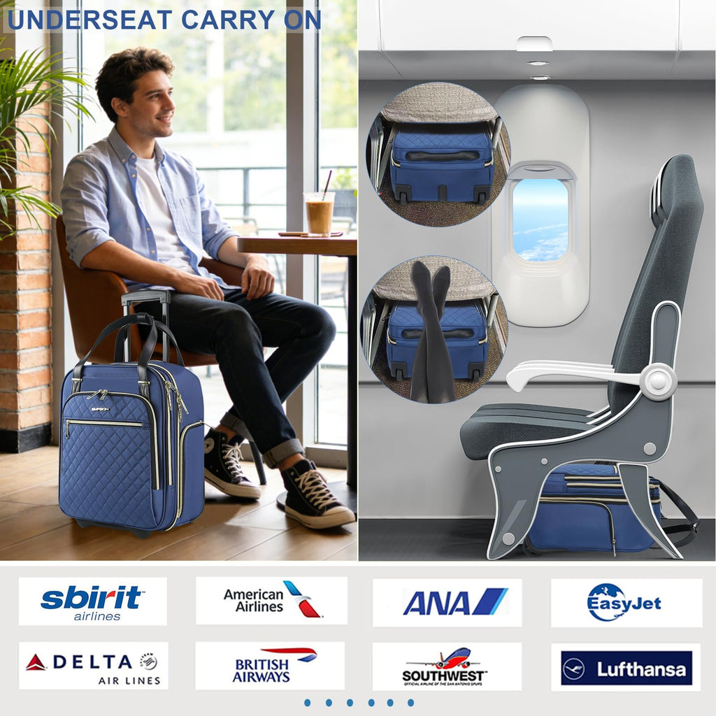 EMPSIGN Underseat Carry On Wheeled - 16" Carry on Bag with Wheels Multi - functional Lightweight Rolling Bag Overnight Weekender Small Suitcase for Women Men Travel Business, Haze Blue - Gold Zipper