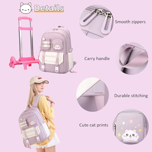 ETAISHOW Cat Print Rolling Backpack for Girls Kids Backpack with Wheels Roller Bookbag Trolley School Bag Wheeled Bag Pink