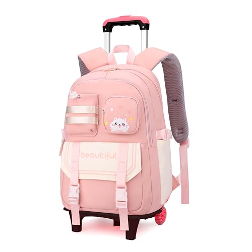 ETAISHOW Cat Print Rolling Backpack for Girls Kids Backpack with Wheels Roller Bookbag Trolley School Bag Wheeled Bag Pink