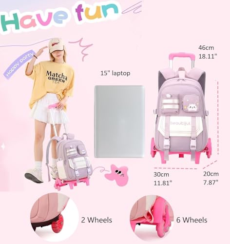 ETAISHOW Cat Print Rolling Backpack for Girls Kids Backpack with Wheels Roller Bookbag Trolley School Bag Wheeled Bag Pink