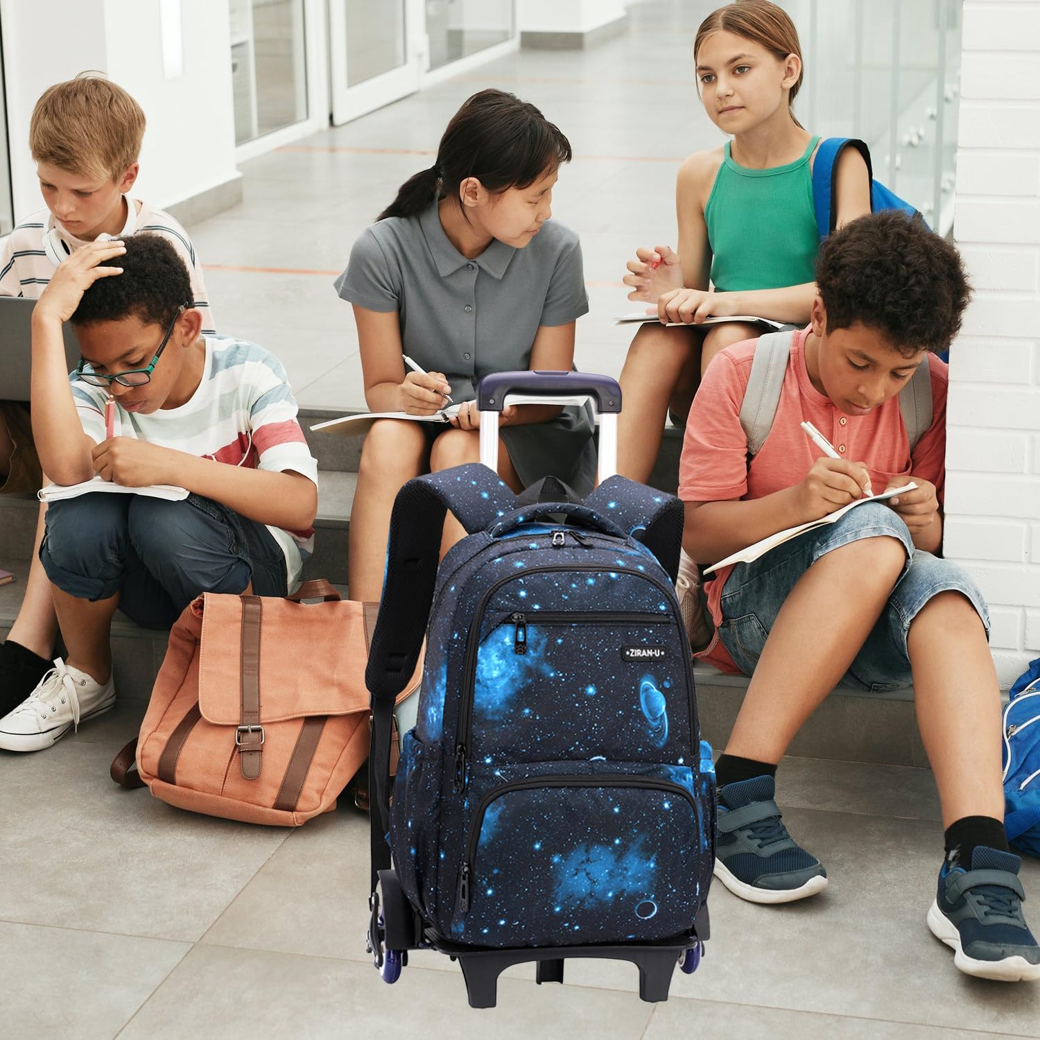 ETAISHOW Galaxy Rolling Backpack for Boys Girls Backpack with Wheels for Elementary School Kids Wheeled Bookbag Blue Black