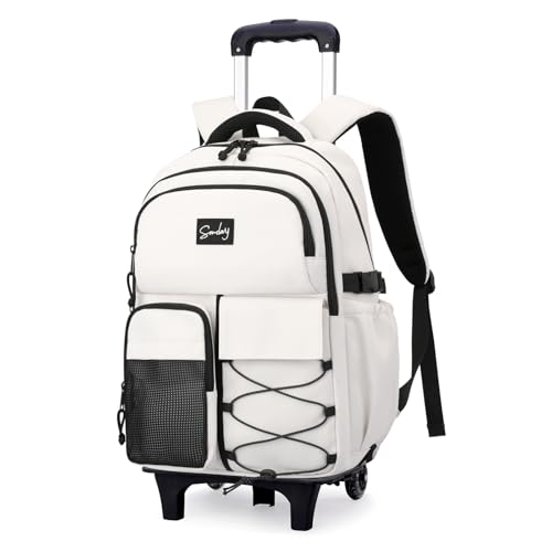 ETAISHOW Rolling Backpack for Boys with Wheels Roller Backpack Wheeled School Bag for Teen Boys White