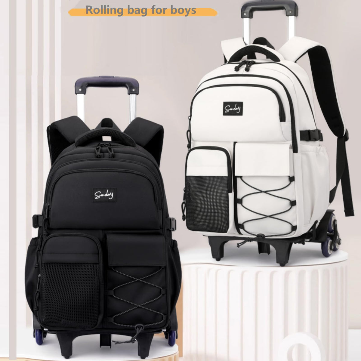 ETAISHOW Rolling Backpack for Boys with Wheels Roller Backpack Wheeled School Bag for Teen Boys White