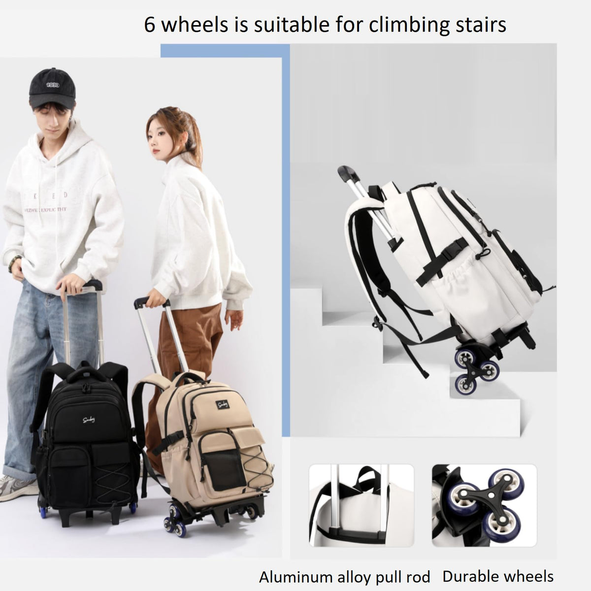 ETAISHOW Rolling Backpack for Boys with Wheels Roller Backpack Wheeled School Bag for Teen Boys White
