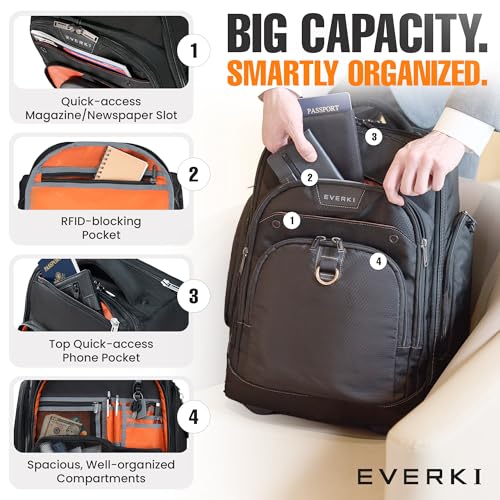 EVERKI Atlas Wheeled 2 Rolling Backpack, 30L 13 To 17.3-Inch Laptops Travel Backpack with Wheels for Professional, RFID-Blocking Pocket, Book Bag with Wheels, Business Travel. Quick-access Pockets