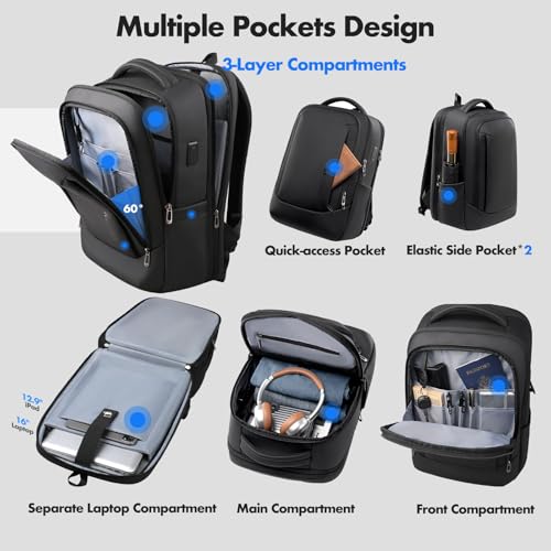 Expandable 16 Inch Laptop Backpack for Men, 40L Travel Backpack with USB-A&C Port, Flight Approved Carry On Backpack, 180° Laptop Compartment, Water-Resistant Business Work Backpack, Black
