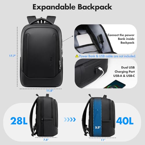 Expandable 16 Inch Laptop Backpack for Men, 40L Travel Backpack with USB-A&C Port, Flight Approved Carry On Backpack, 180° Laptop Compartment, Water-Resistant Business Work Backpack, Black