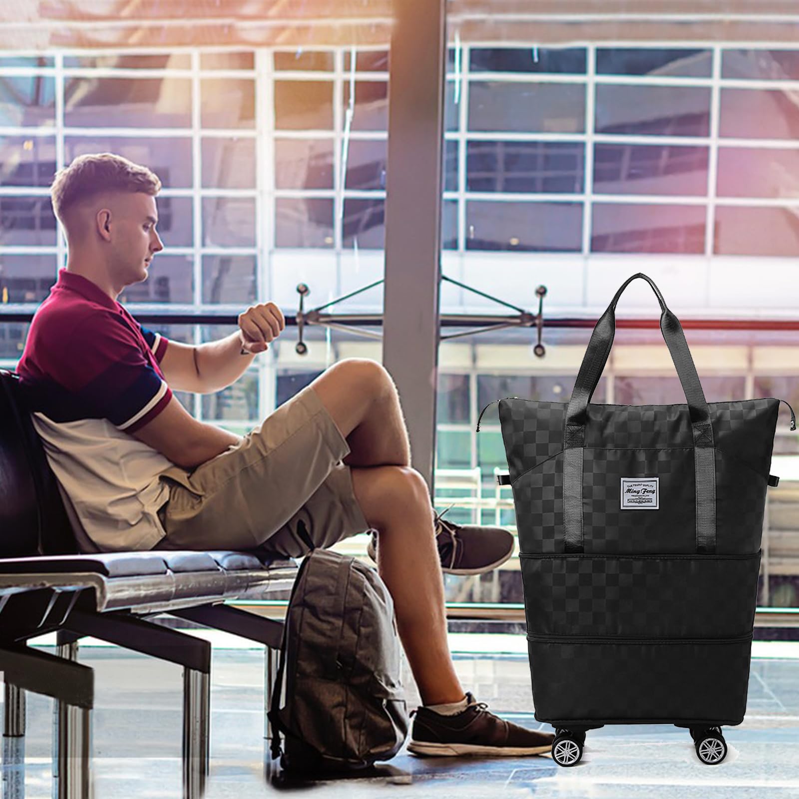 Expandable Foldable Duffel Bag Suitcases,Detachable Rolling Wheels,Rolling Duffle Bag with Wheels,Suitcase with Wheel,Carry on Luggage,Gift for Men Women Lightweight Suitcases (Black)