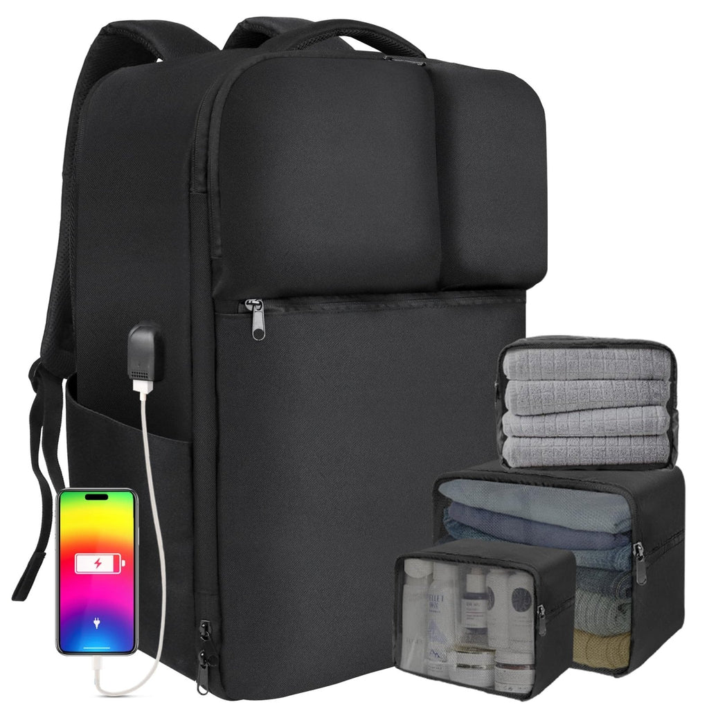 Extra Large 50L Travel Backpack Carry On Flight Approved, Luggage Backpack with Shoes Pouch, Suitcase Backpacks With 3 Packing Cubes, Personal Item Travel Bag, Black