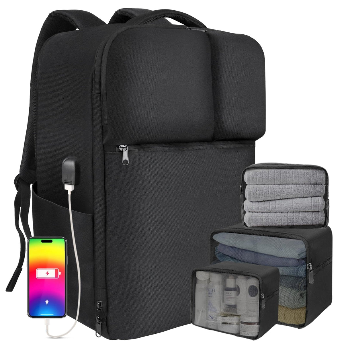 Extra Large 50L Travel Backpack Carry On Flight Approved, Luggage Backpack with Shoes Pouch, Suitcase Backpacks With 3 Packing Cubes, Personal Item Travel Bag, Black